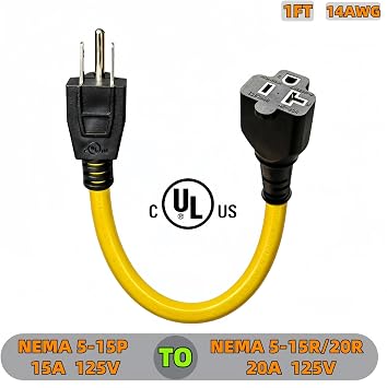1Pack NEMA 5-15P to 5-15R/5-20R Adapter Cord,15A to 20A Power Cable