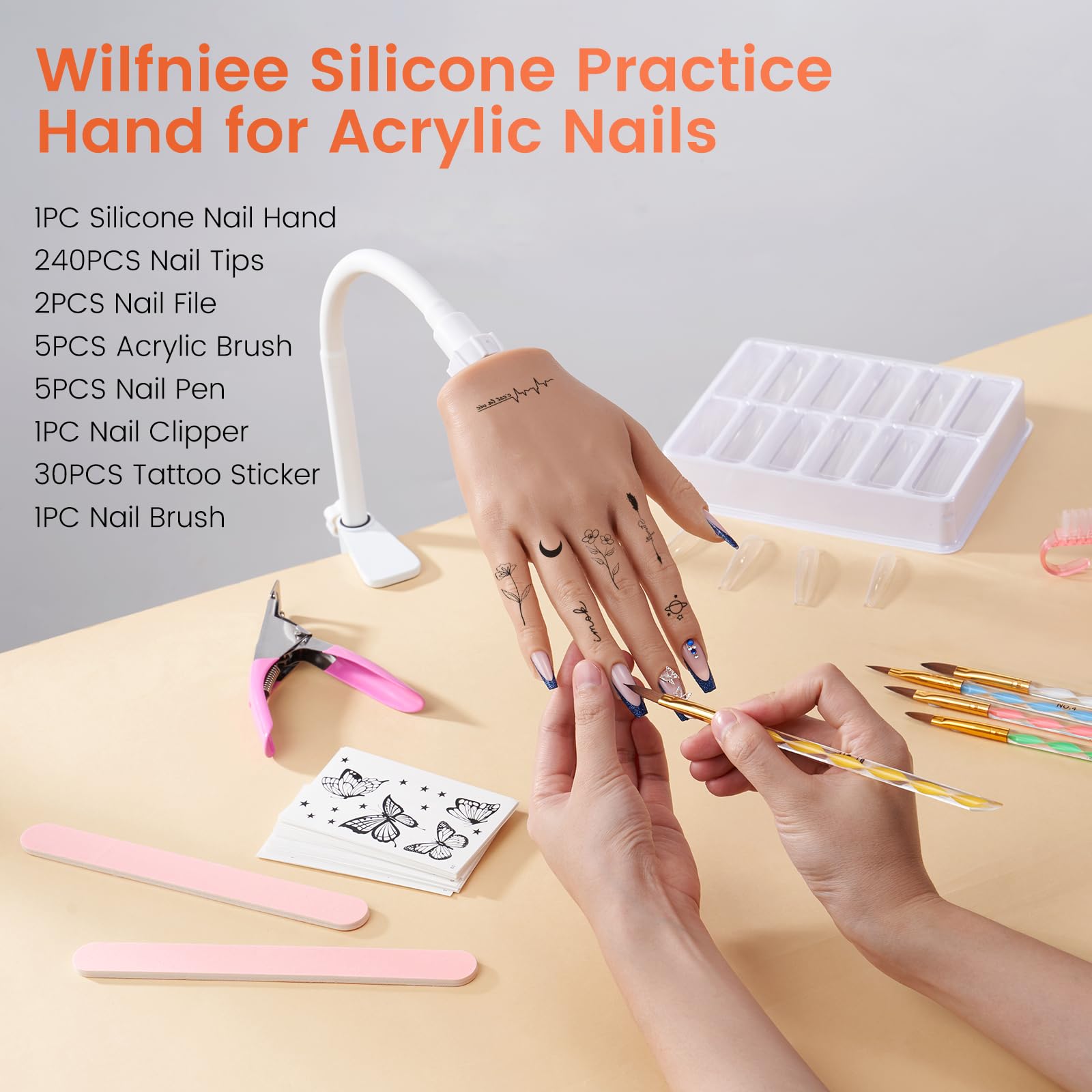 Wilfniee Mano pratica in silicone per unghie acriliche con adesivi rimovibili fai da te in silicone flessibile per pratica delle unghie - Manichino realistico per pratica unghie acriliche per
