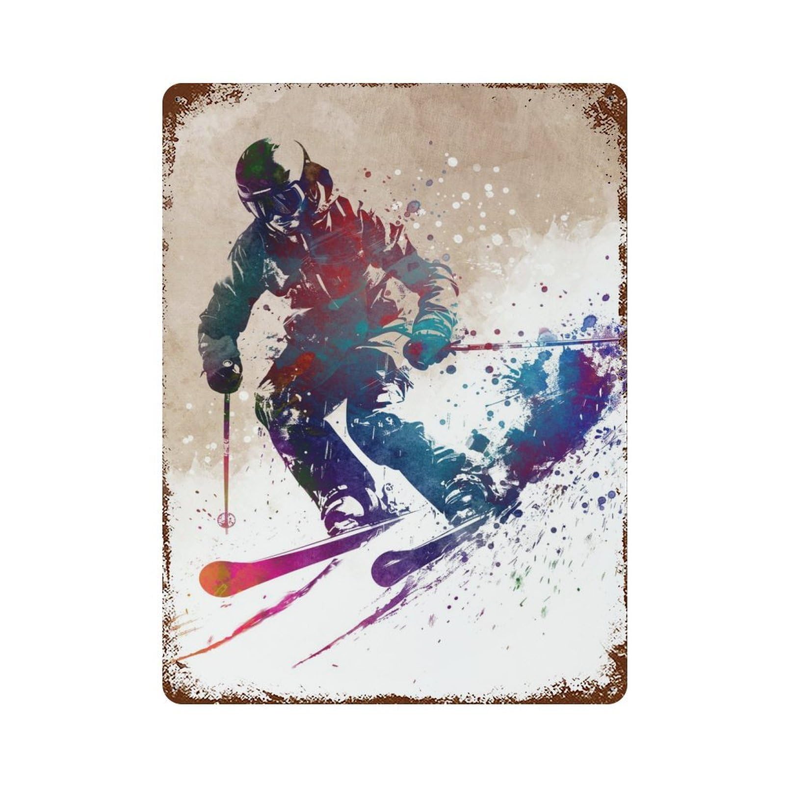 Garage Style Ski Sport Art Aged Metal Wall Plaque 15.7"x11.8", Farmhouse Wall Decor for Bar And Workshop