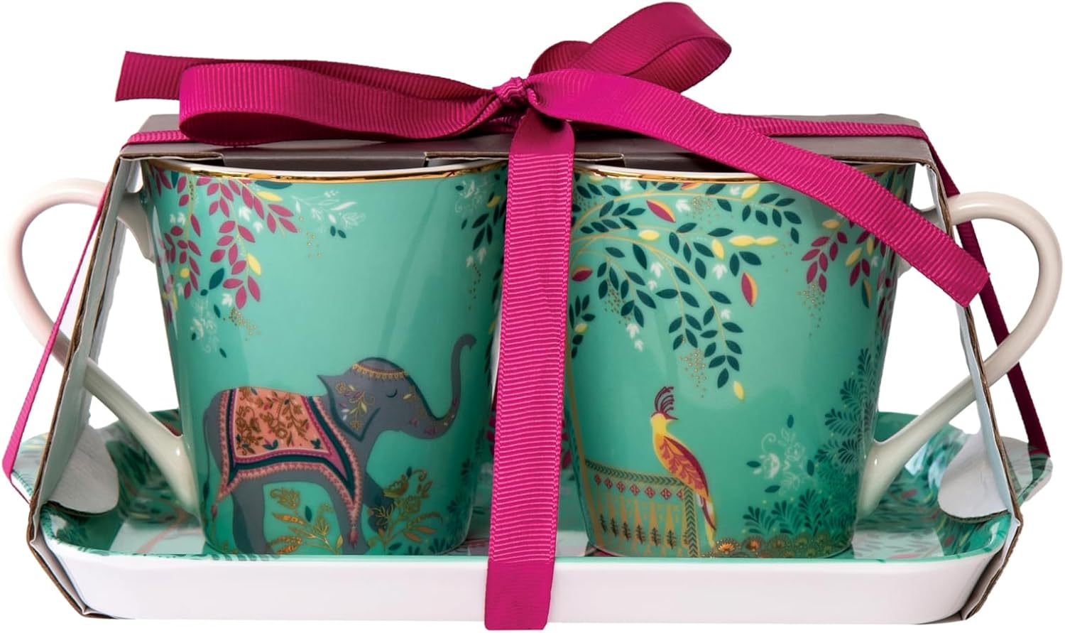Sara Miller London India Mug & Tray Set, Elephant Oasis - 3 Piece Brunch Set - 2 Porcelain Mugs with 22ct Gold Detailing & Coordinating Melamine Tray for Afternoon Tea Moments & Special Events