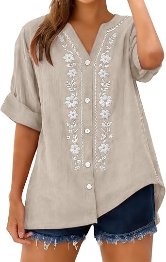 Womens Cotton Linen Tops Embroidered 3/4 Sleeve Peasant Boho Tunic Top Casual Loose T Shirt
