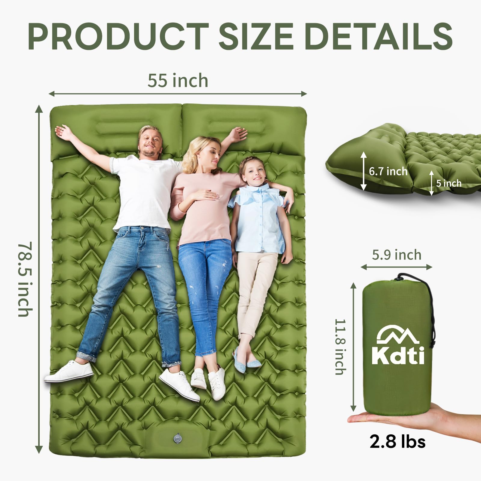 Kdti Double Inflatable Sleeping Pad for 2 Person - Ultralight Air Mattress with Built-in Foot Pump, Durable Waterproof Camping Pad for Couples, Backpacking, Hiking (Green)