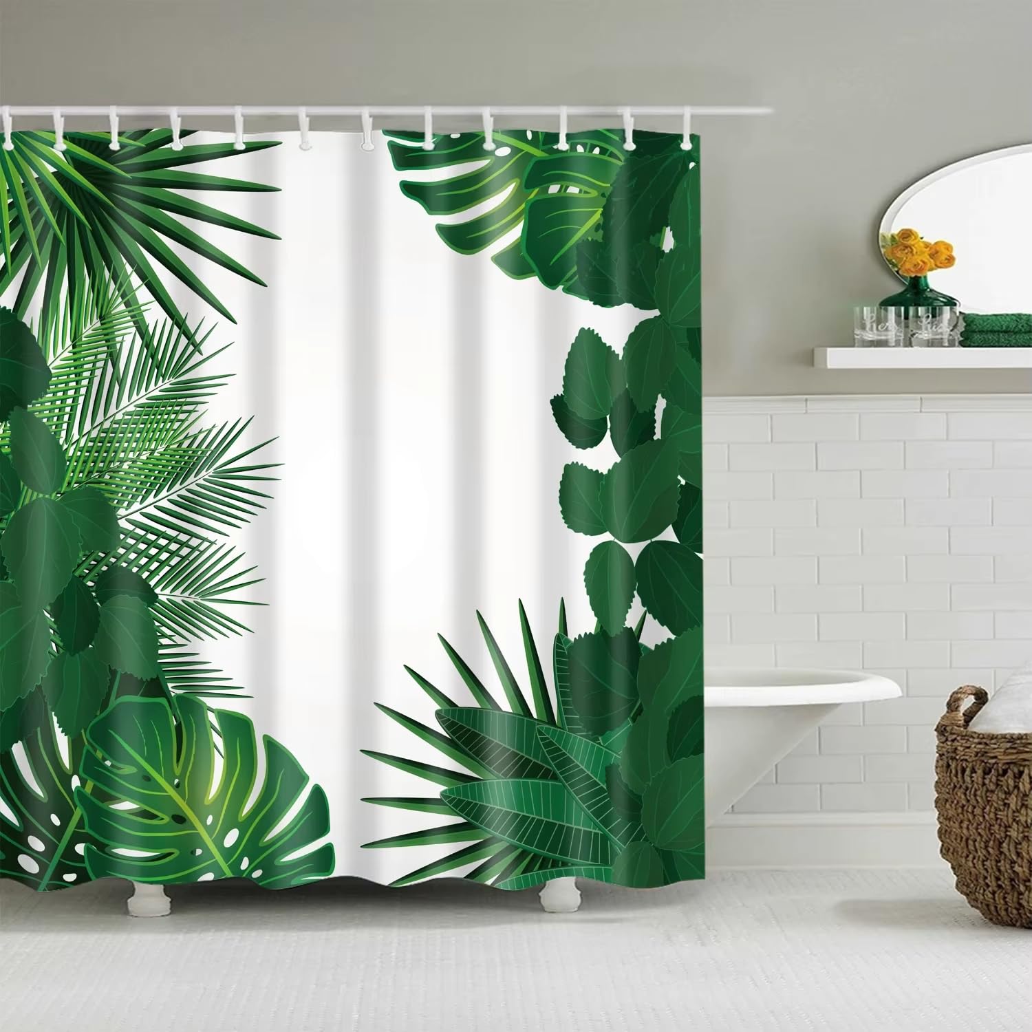 Cortina de Ducha 200x200 Hojas Tropicales,Diseño Nórdico Moderno de Bosque Verde con Plantas y Ganchos,Lavable a Máquina para decoración de Baño de Casa y Hotel,200Anx200Al cm (1 Panel).