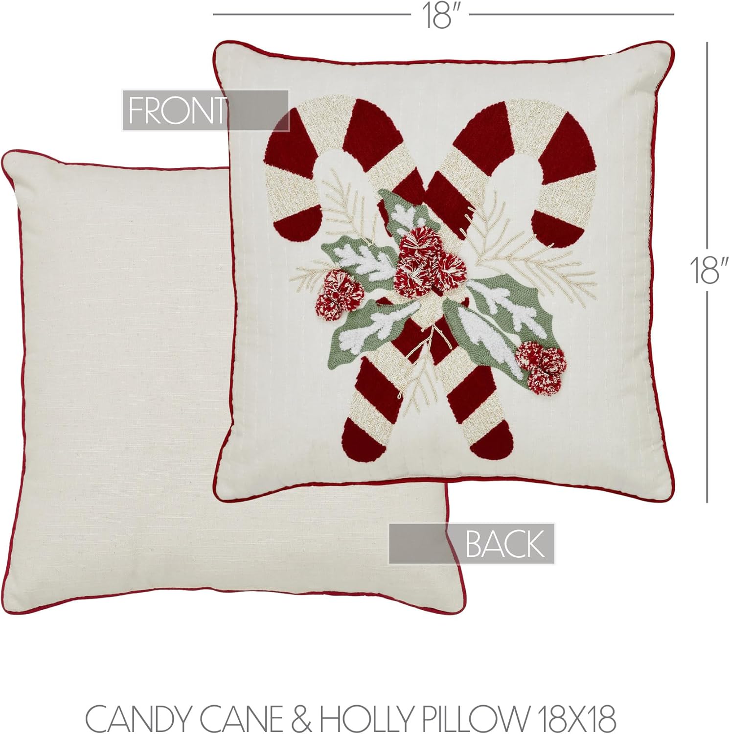 VHC Brands Candy Cane & Holly Pillow 18x18