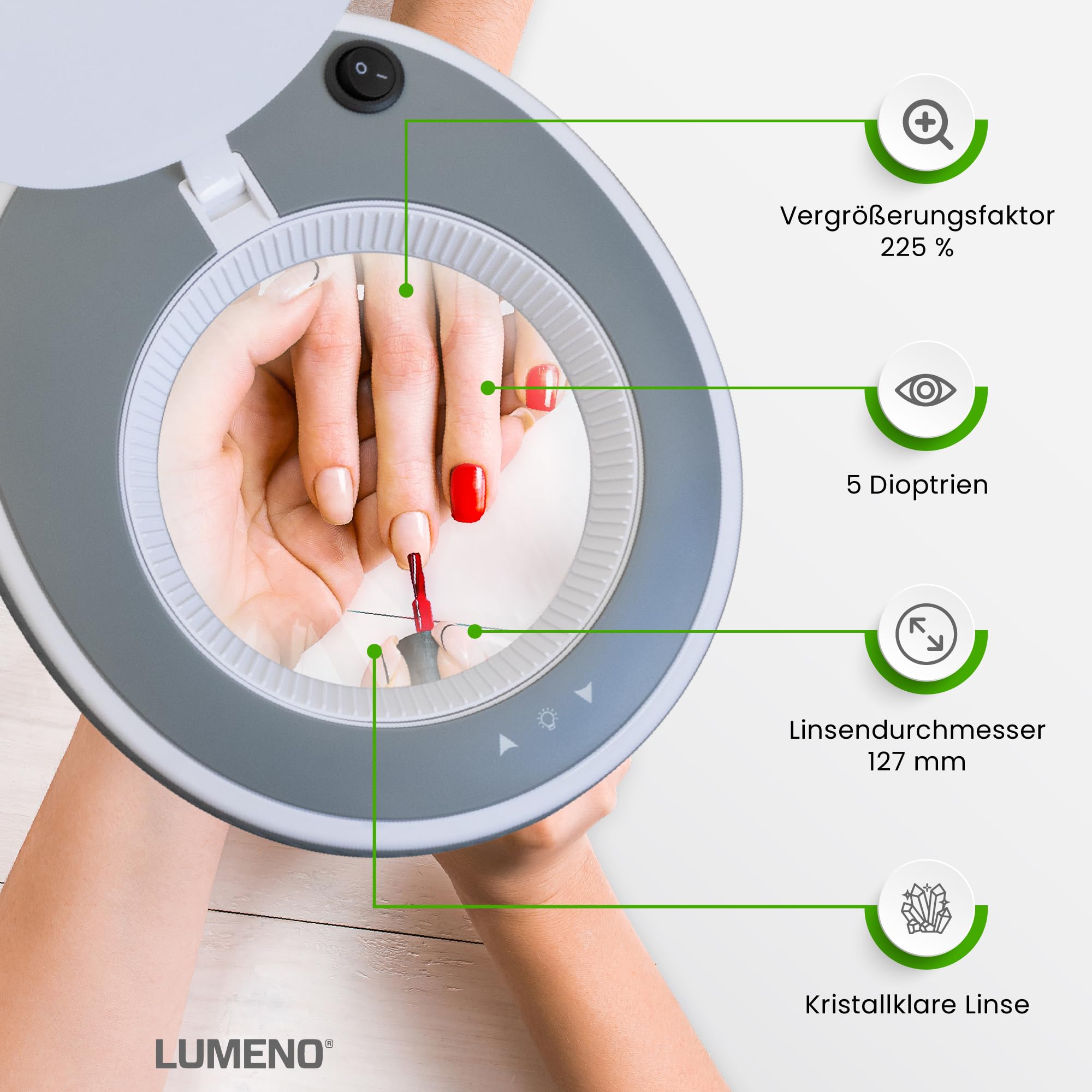 Lumeno 8215GR LED Lupenleuchte Arbeitsplatzleuchte Kosmetiklampe, einstellbare Helligkeitsstufen, kristallklare 127 mm Glaslinse, Lesehilfe/Lupe, 5 Dioptrien mit Tischfuß