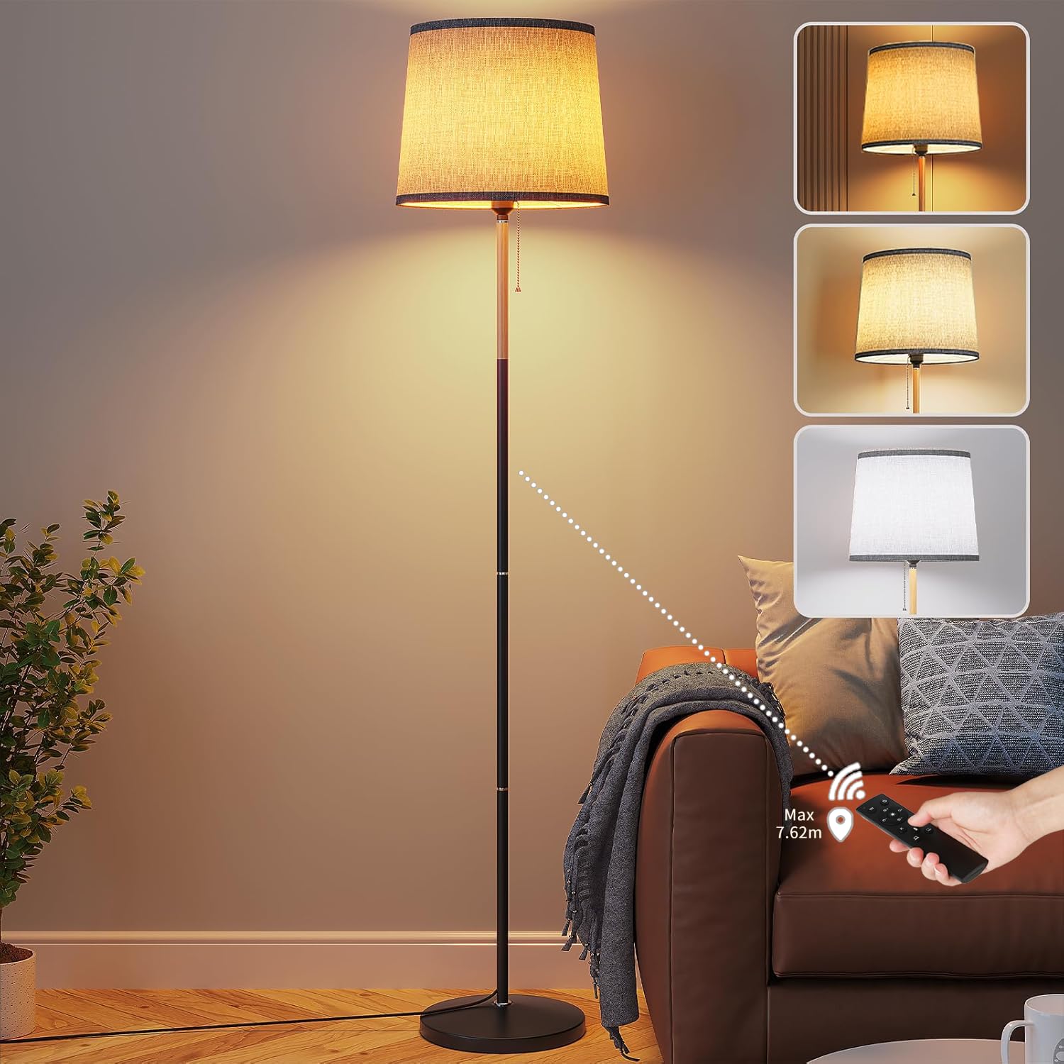 Clevich Floor Lamp with Remote Control, 60” Dimmable Standing Lamp with Linen Shade, 3 Colour Temperatures 3000K-6500K, 1-Hour Timer & Memory Function, Standard Lamp for Living Room Bedroom Office