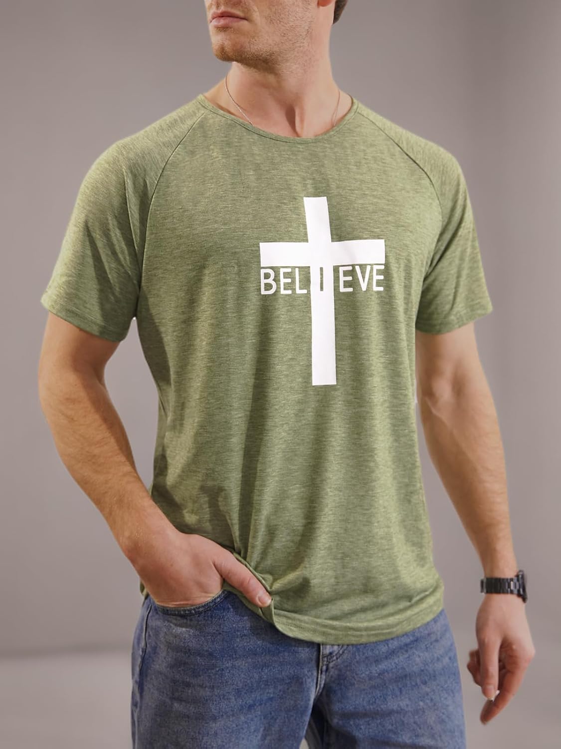 Men's Short Sleeve Crewneck Graphic Tee Believe Cross Print Christian Shirts Workout Shirts - Image 5