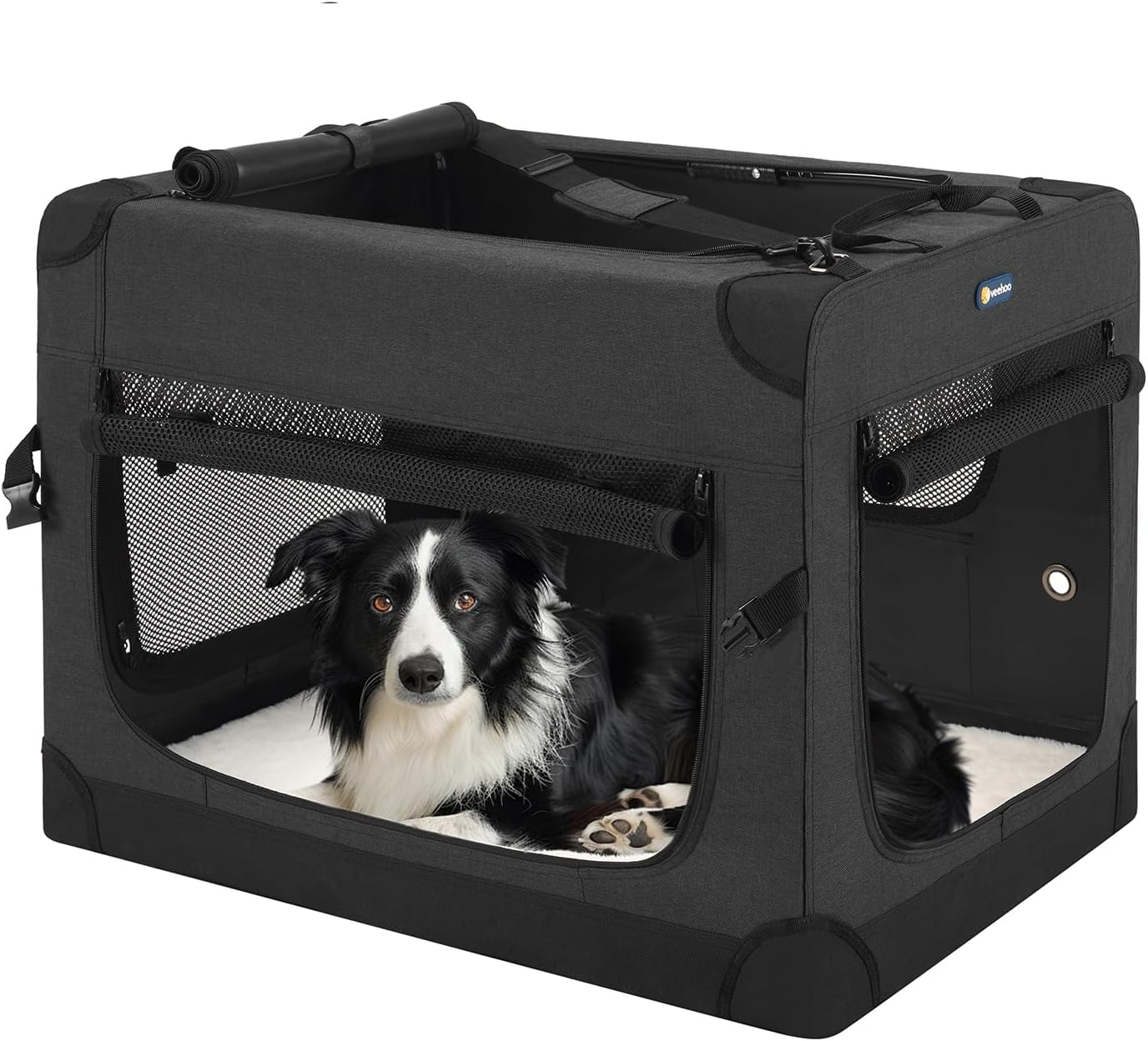 veehoo 30 inch folding soft dog crate, 4-door portable collapsible pet kennel travel dog crate for medium dogs, 5 x durable mesh screen, 600d oxford fabric, indoor & outdoor use, black, cwb2428cp