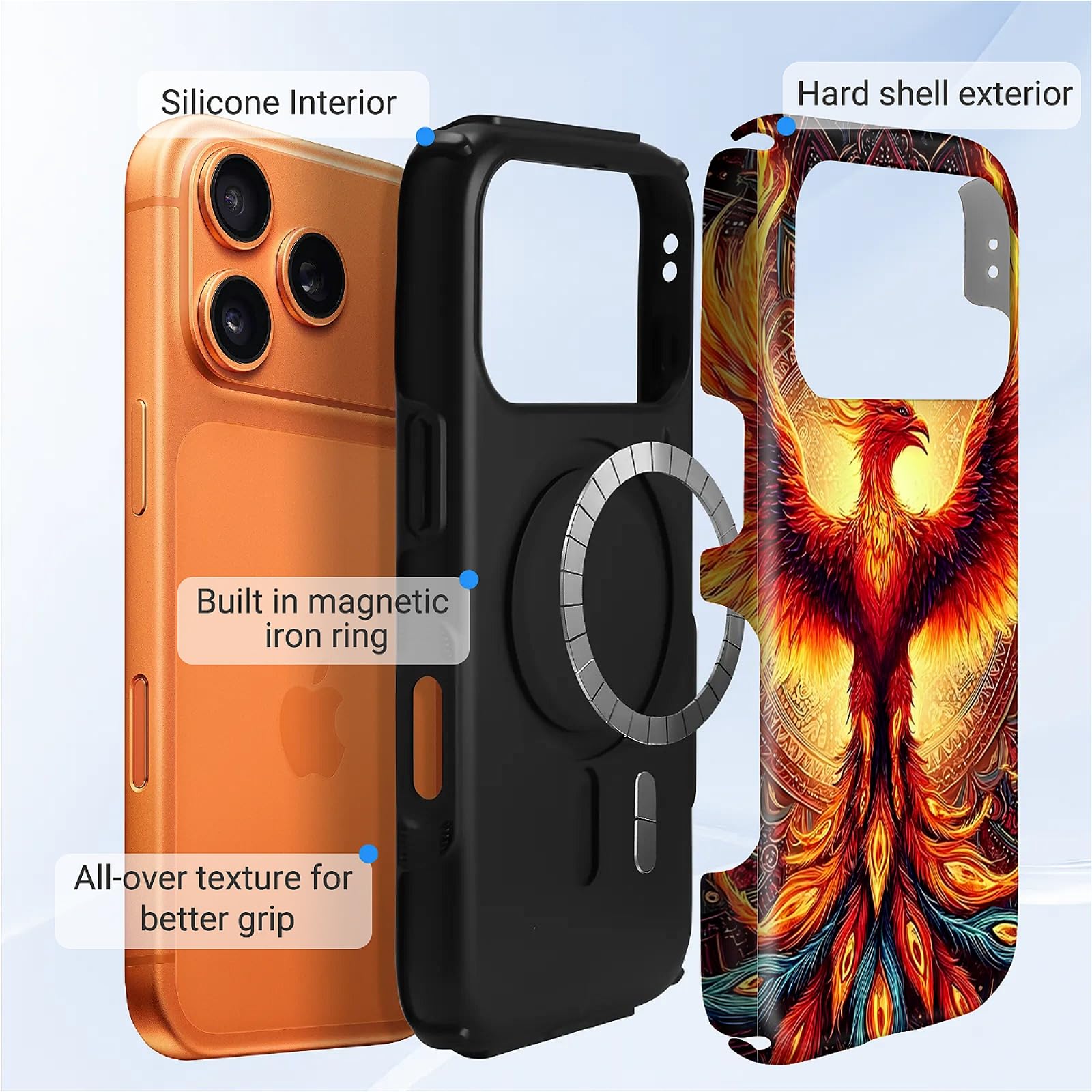 CARLOCA Compatible con iPhone 17 Pro, 2 en 1, de silicona antideslizante, para MagSafe, proporciona una protección completa para iPhone 17 Pro con diseño mítico de mandala renacimiento de fénix