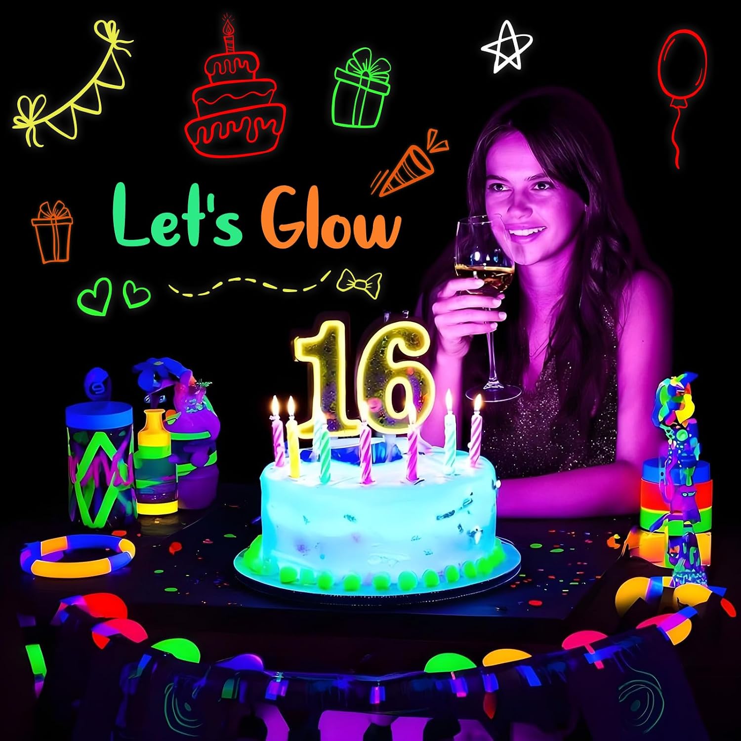 Glow In The Dark Party Supplies, Neon DIY Party Backdrop with 6 Fluorescent Colored Pens Let’s Glow Photography Background Banner for Birthday Sleepover Neon Graffiti Decorations