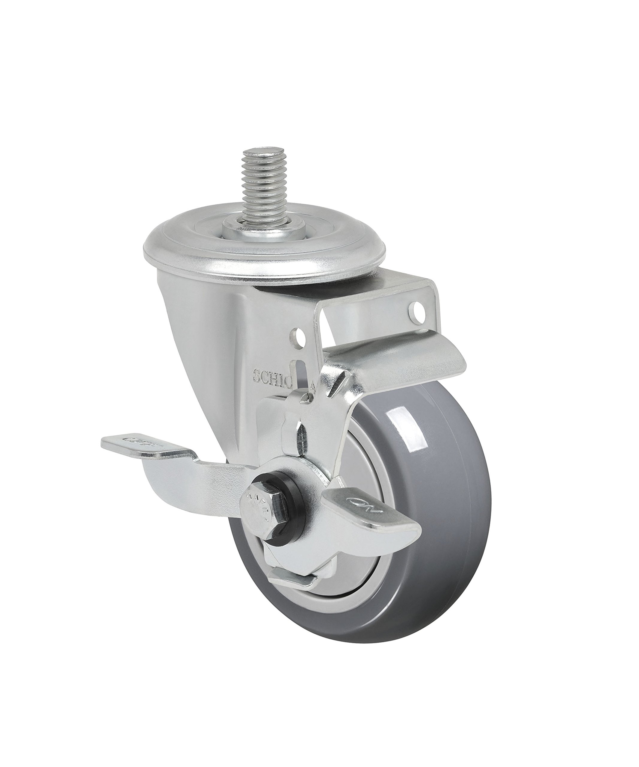 SchioppaL12 Series, GLEED 312 BPE SL, 3 x 1-1/4" Swivel Caster with Wheel Lock Brake, Non-Marking Thermoplastic PVC Precision Ball Bearing Wheel, 125 lbs, 3/8" Diameter x 1" Length Threaded Stem