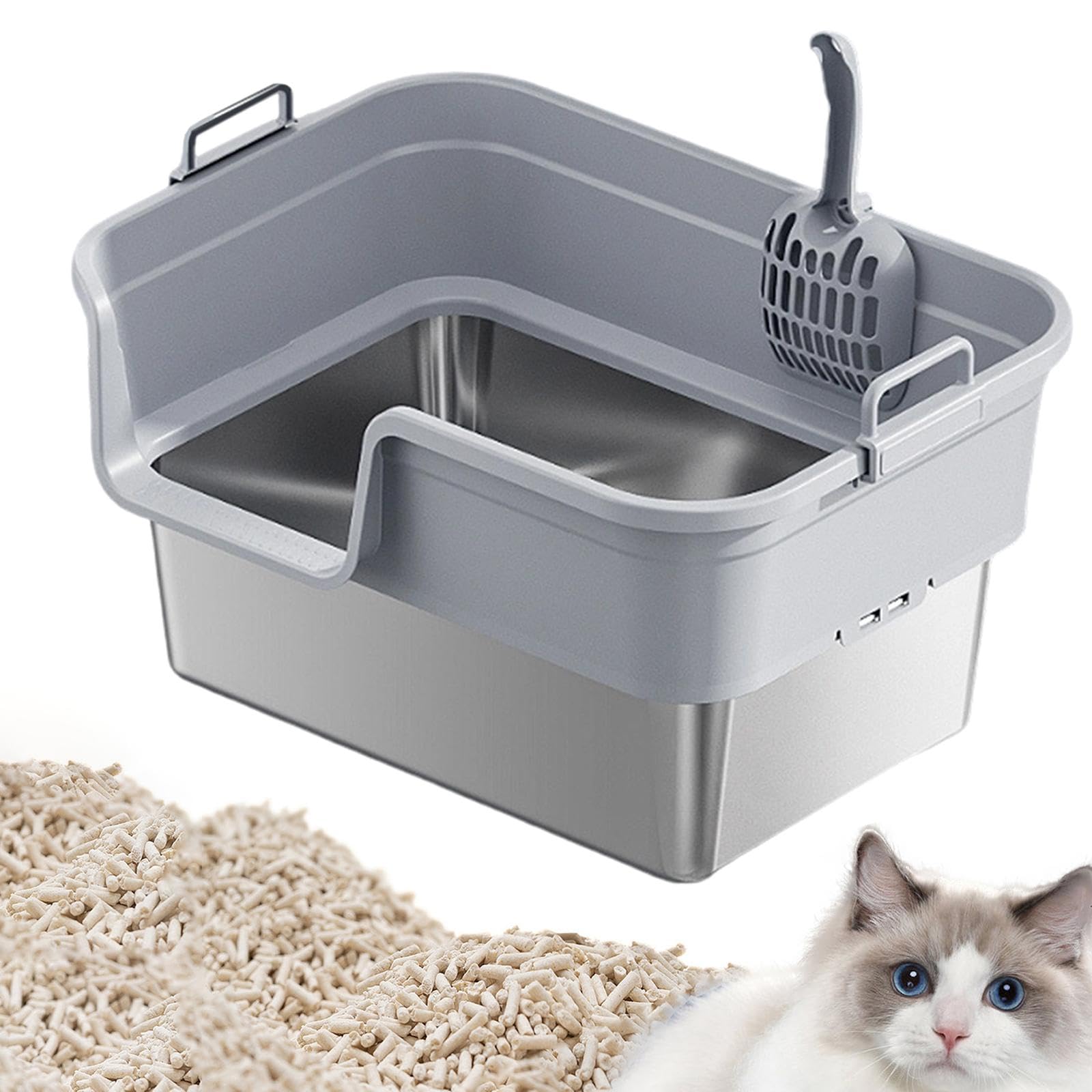 Arenero Semicerrado con Pala, Fabricado en Acero Inoxidable Y PP, con Bordes para Evitar Derrames, Apto para Gatos de Interior.