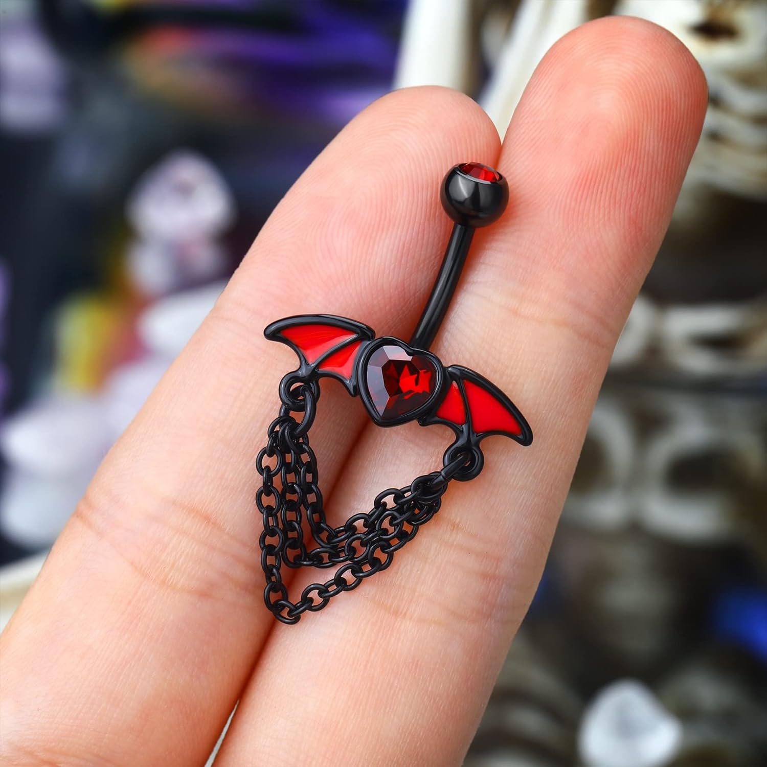 CM Crareesi Mania Bat Belly Button Ring 316L Surgical Steel Dangle Chain Belly Rings 14G Black Belly Piercing Jewelry for Halloween Heart CZ Belly Button Rings - Image 4