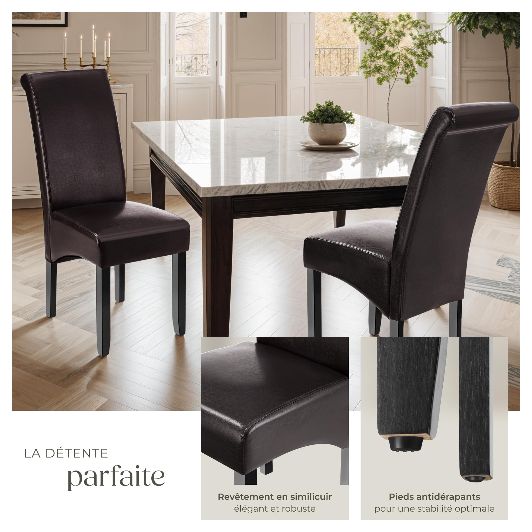 tectake® Lot de 2 Chaises de Salle à Manger Moderne Chaise Ergonomique Confortable Chaise Design en Cuir synthétique Meuble Salon avec Pieds en Bois pour Salle à Manger, Salon, Coiffeuse, Chambre