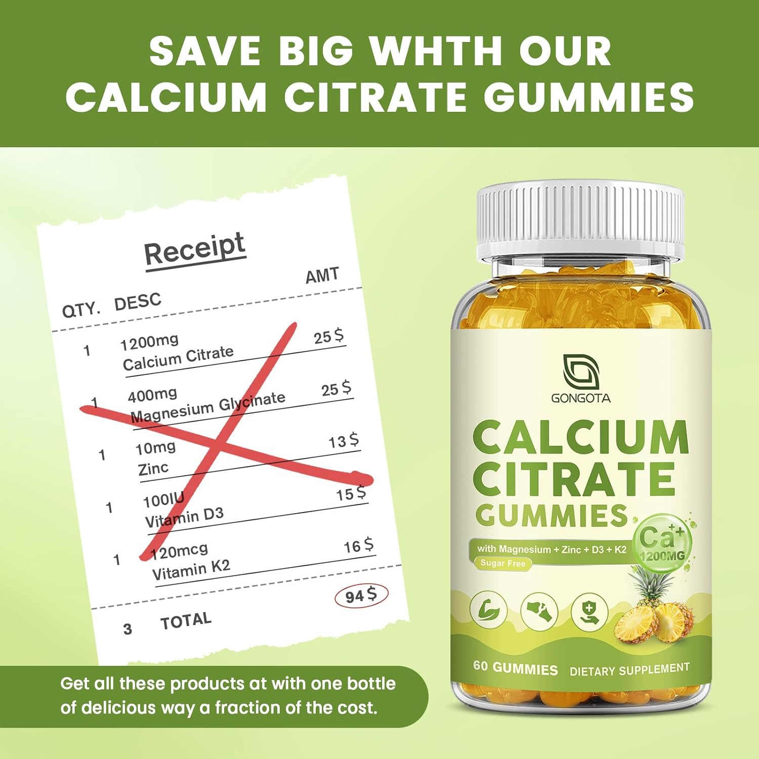 Calcium Citrate Gummies for Women, 1200mg Calcium Citrate Magnesium with Vitamin C D3 K2, Absorption Calcium Supplements for Bone, Muscle, Immune, Sugar Free (120Count)