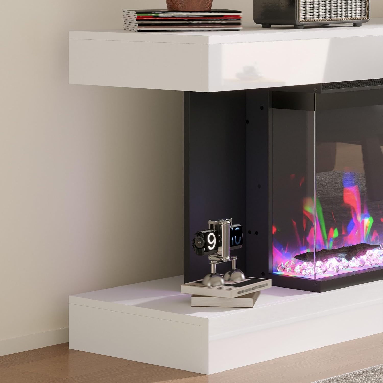 White LED Fireplace TV Console Stands for Living Room, TV Entertainment Center with Fireplace, Electric Fireplaces Inserts with Adjustable Color Flames & Brightness, Timer,Heating Control