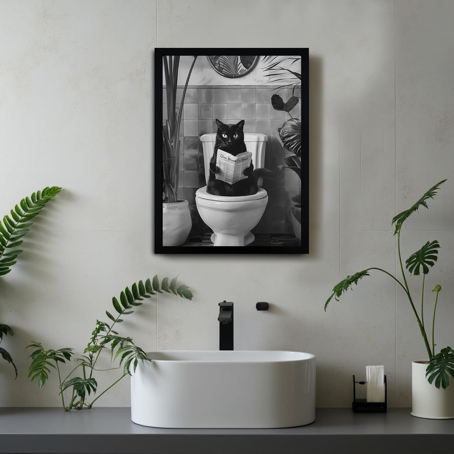SYWENNOI Framed Black and White Bathroom Canvas Wall Art, Funny Black Cat Sitting on Toilet Reading Newspaper Wall Decor, Farmhouse Humor Animal Art Prints for Restroom Decoration 12x16 Inches