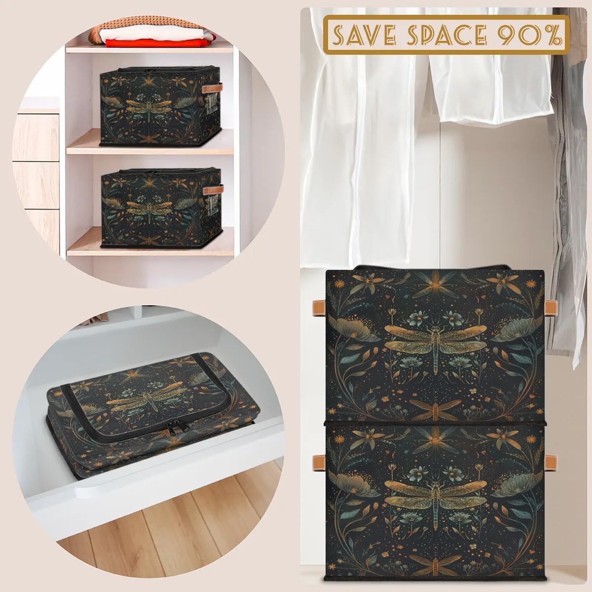 Flowers Dragonfly Storage Box with Lid and Handles Foldable Cloth Storage Basket Bin Bags for Shelves Closet Shelf Toys Clothes Bed Sheets Organizer 2 Pack