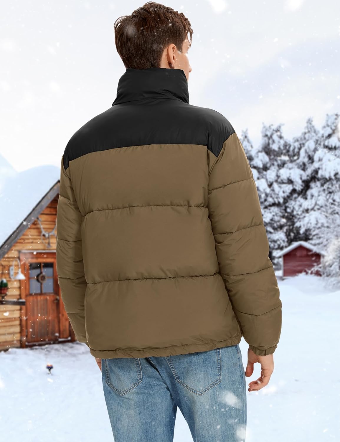 PEHMEA Men’s Puffer Jacket Stand Collar Zipper Coat with Pockets Retro Bubble Outwear for Winter - Image 3