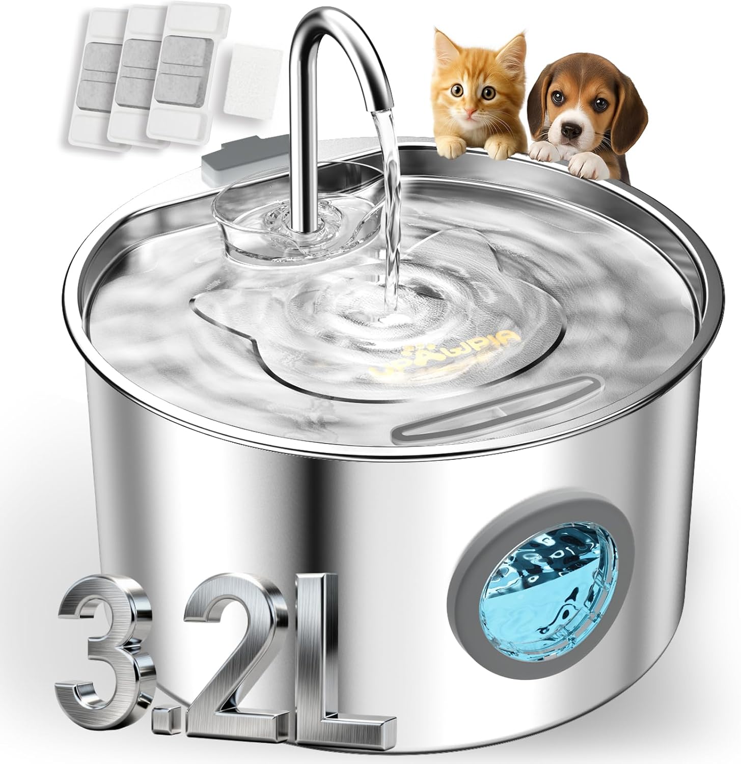 3.2L/108oz Cat Water Fountain Stainless Steel with 3 Filters Automatic Pet Water Fountain for Cats/Dogs Indoor Ultra Quiet Metal Cat Fountains for Drinking Watering Supplies for Small Animals