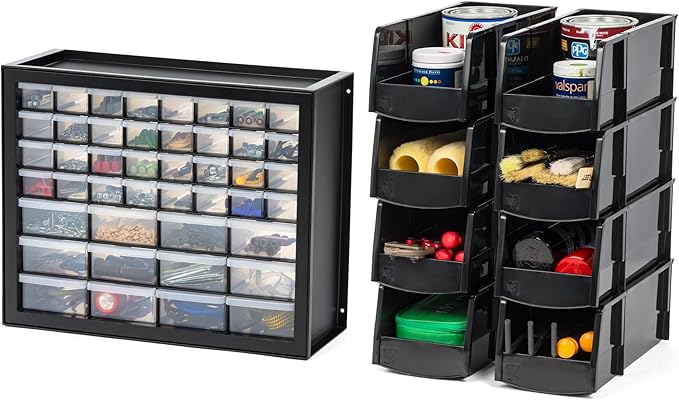IRIS USA 44 Drawer Parts and Hardware Cabinet + 13" x 6" x 5" Large Plastic Open Front Stackable Storage Bin, 8-Pack, Stackable Craft Supplies, Black