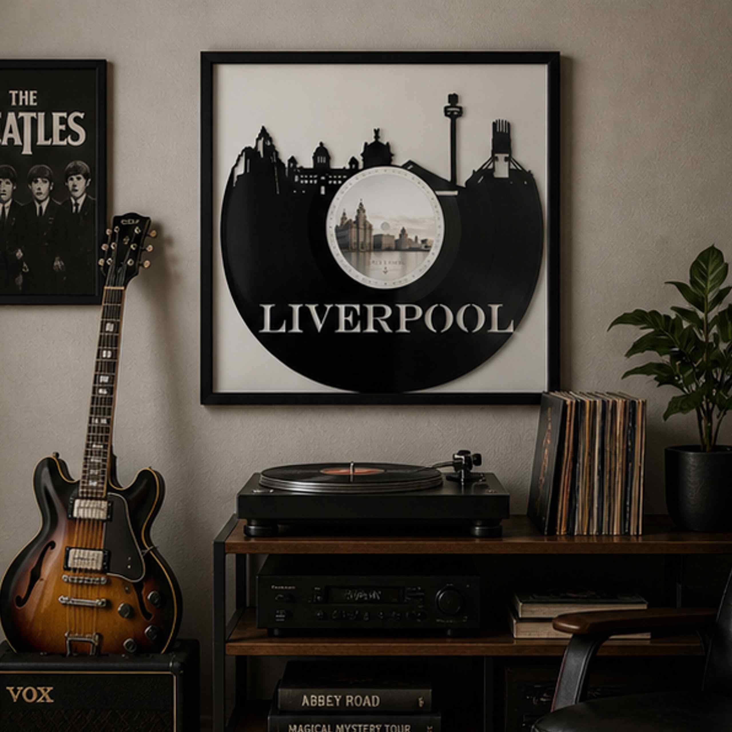EVEVO Decorazione da parete in vinile con cornice, 32 x 32 cm, Liverpool, arte da parete in vinile, Inghilterra, regalo per gli appassionati di musica e città