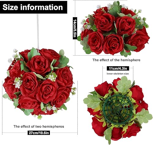 Miniatura 5 de Bola de flores artificiales para centros de mesa de boda, paquete de 10 unidades, media bola floral de seda de rosa roja, base de plástico para mesa