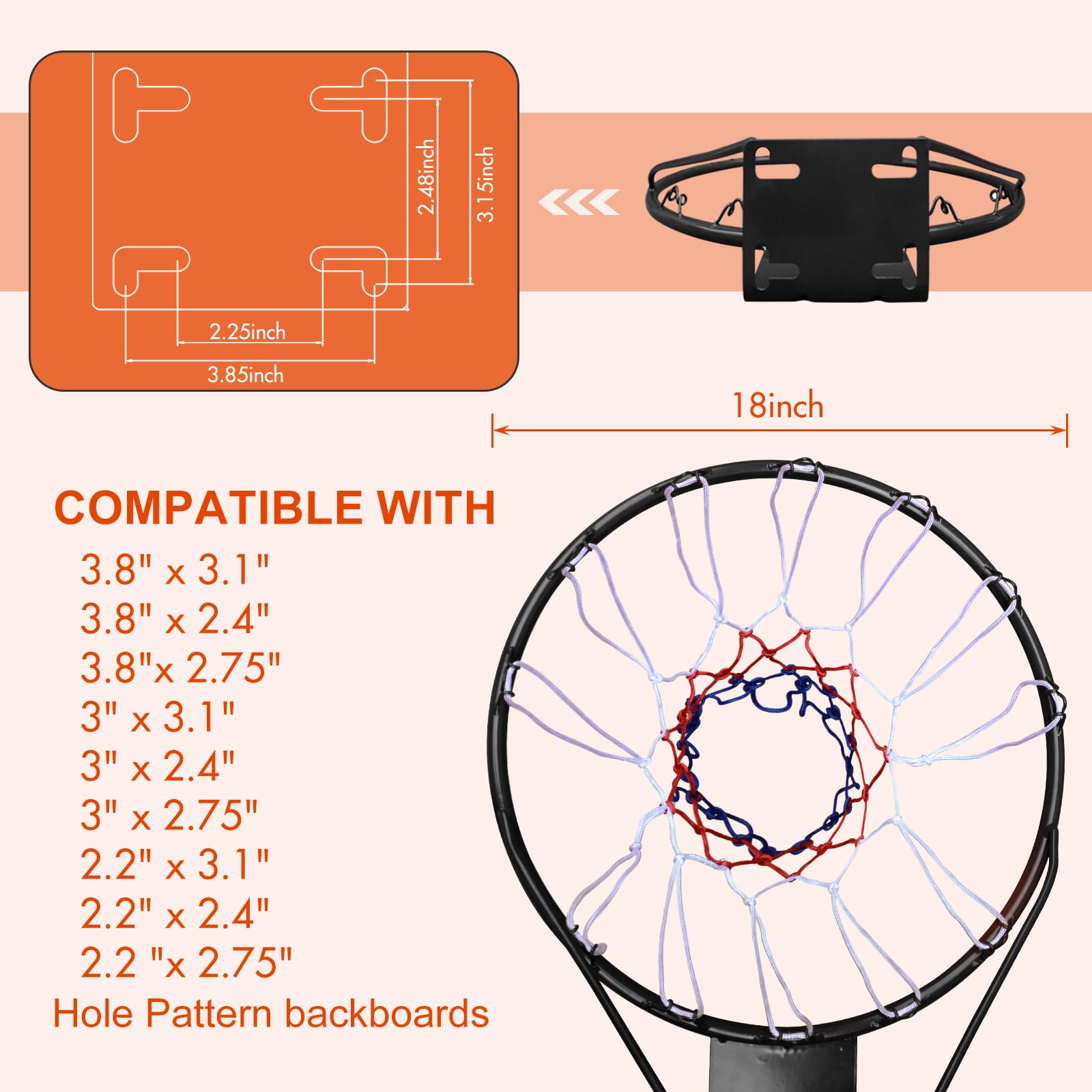 Canestro da basket 45,7 cm, rete di ricambio per canestro da basket per interni ed esterni