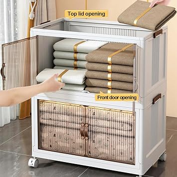 Collapsible Plastic Storage Bins with Lid,Stackable Closet Kitchen Organizer and Storage,Transparent Storage Boxes Containers with Wheels for Home Closet Dorm Car,2 pack,8.8 GAL/33.5L