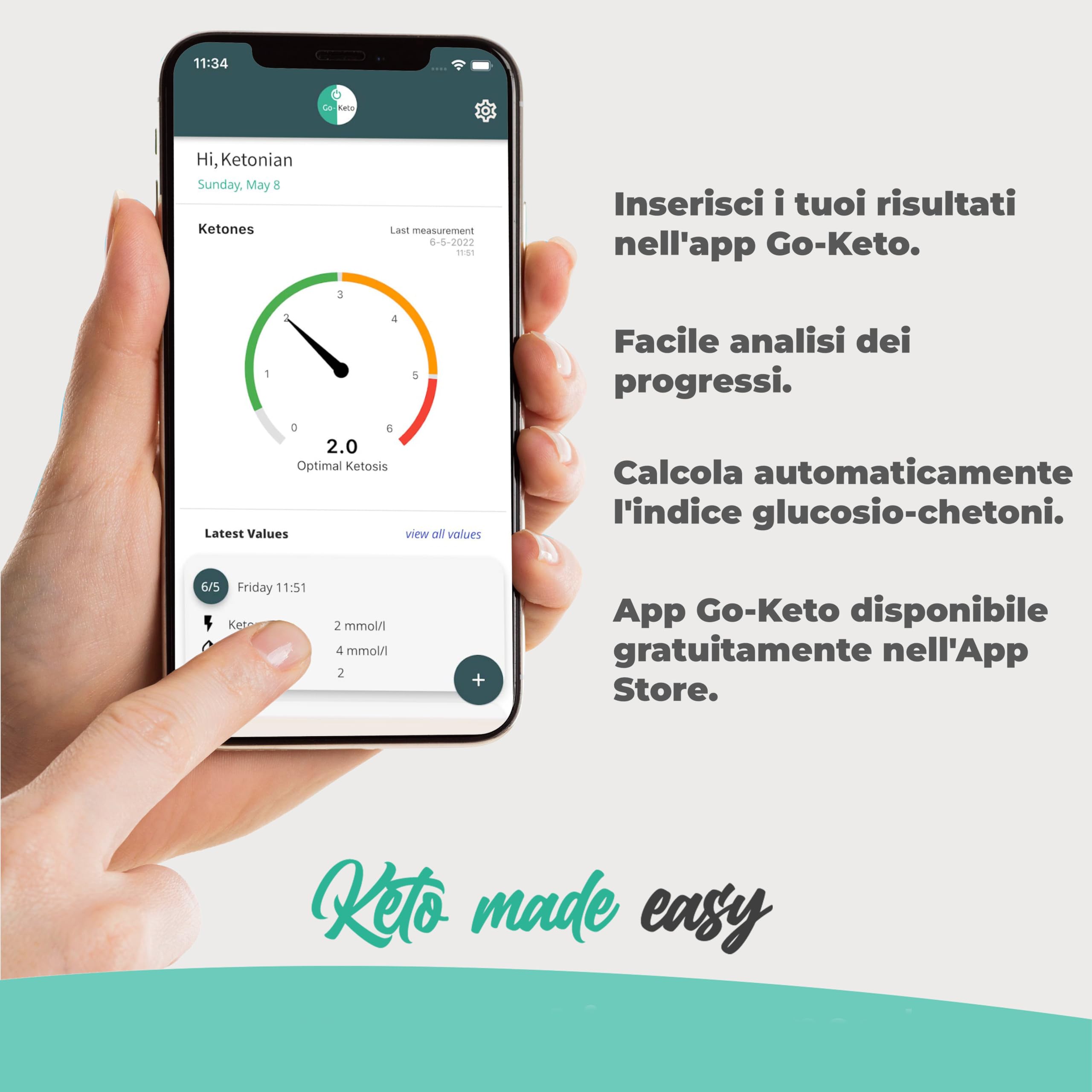 Misuratore di chetoni Go-Keto (mg/dl) Starter Set – Misuratore chetonico con 10 strisce reattive – Misura facilmente la chetosi per la dieta chetogenica