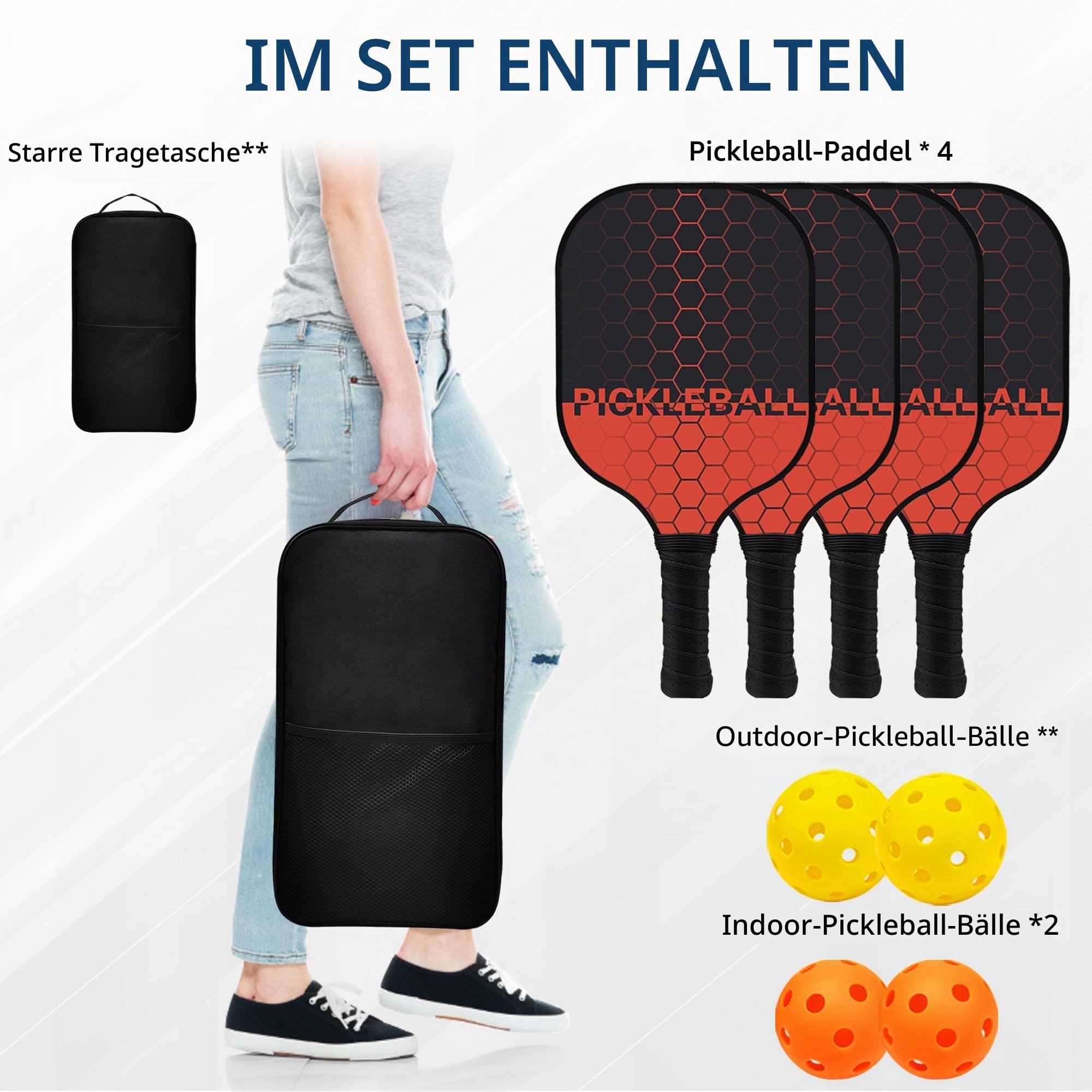 Pickleball Set, Pickleball Schläger mit Fiberglas Oberfläche Pickle Ball Paddles mit 4 Bällen Ausrüstung und Tragbare Rucksack, Pickleball Sport für Anfänger/Freizeitspieler
