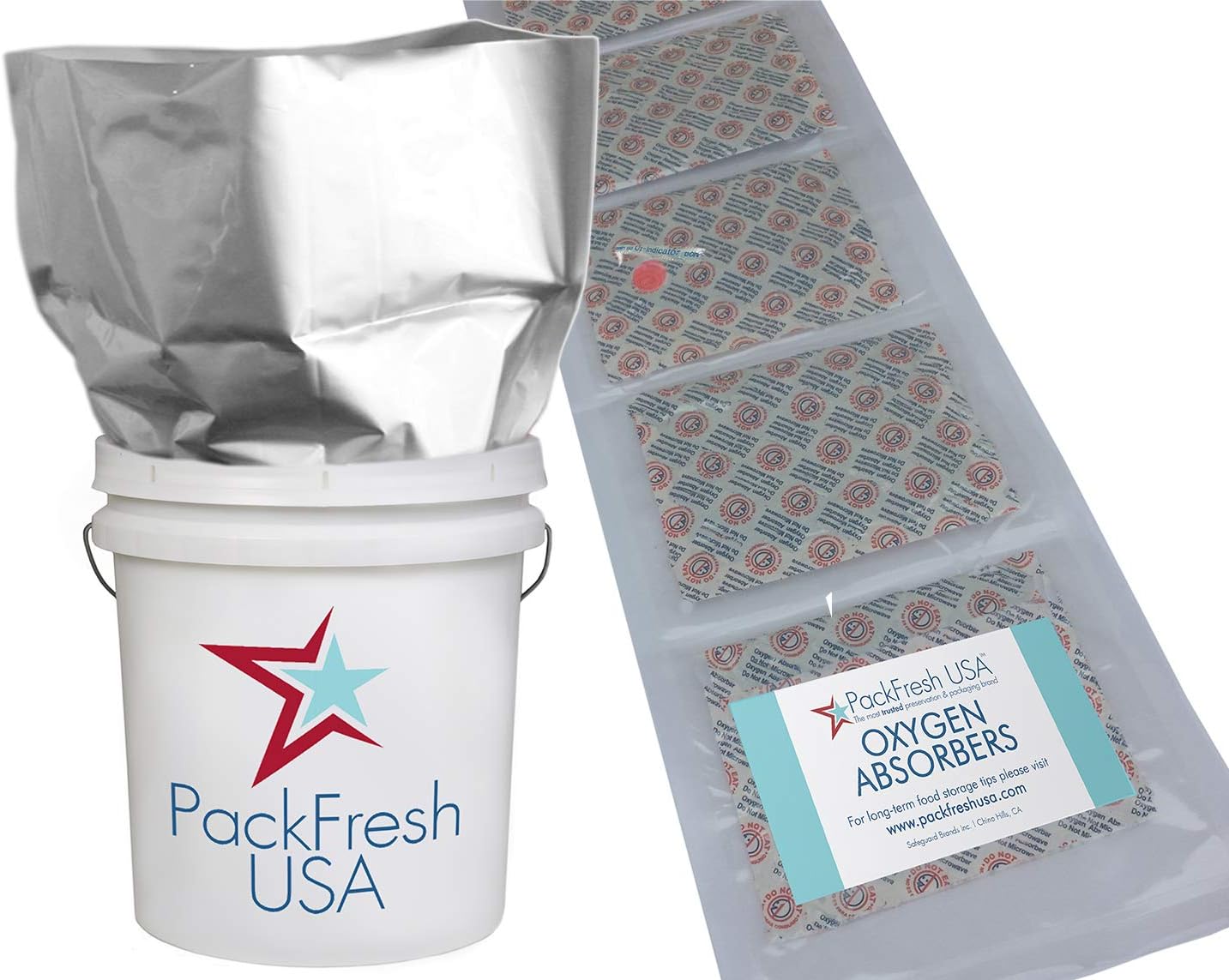 PackFreshUSA: 12 Pack - 5.5 Mil - Five Gallon Heavy Duty Mylar Bags (20" x 30”) - Individually Sealed 2000cc + 500cc OAP - Rounded Corners - Long-Term Food Storage Guide