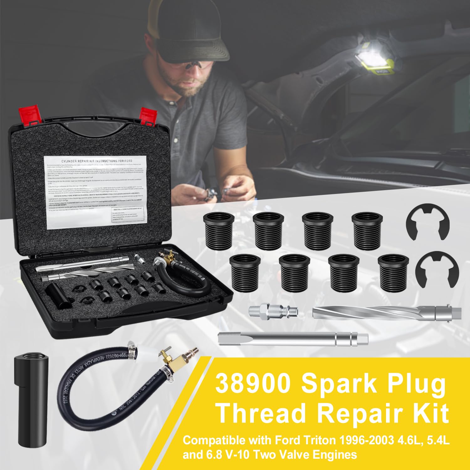 38900 Two Valve Tool Kit for Ford Triton,Thread Spark Plug Thread Repair Kits,Foolproof Repair System Spark Plug Repair Kit Compatible with Ford 4.6L,5.4L and 6.8 V-10 Ford Triton Two Valve Engines