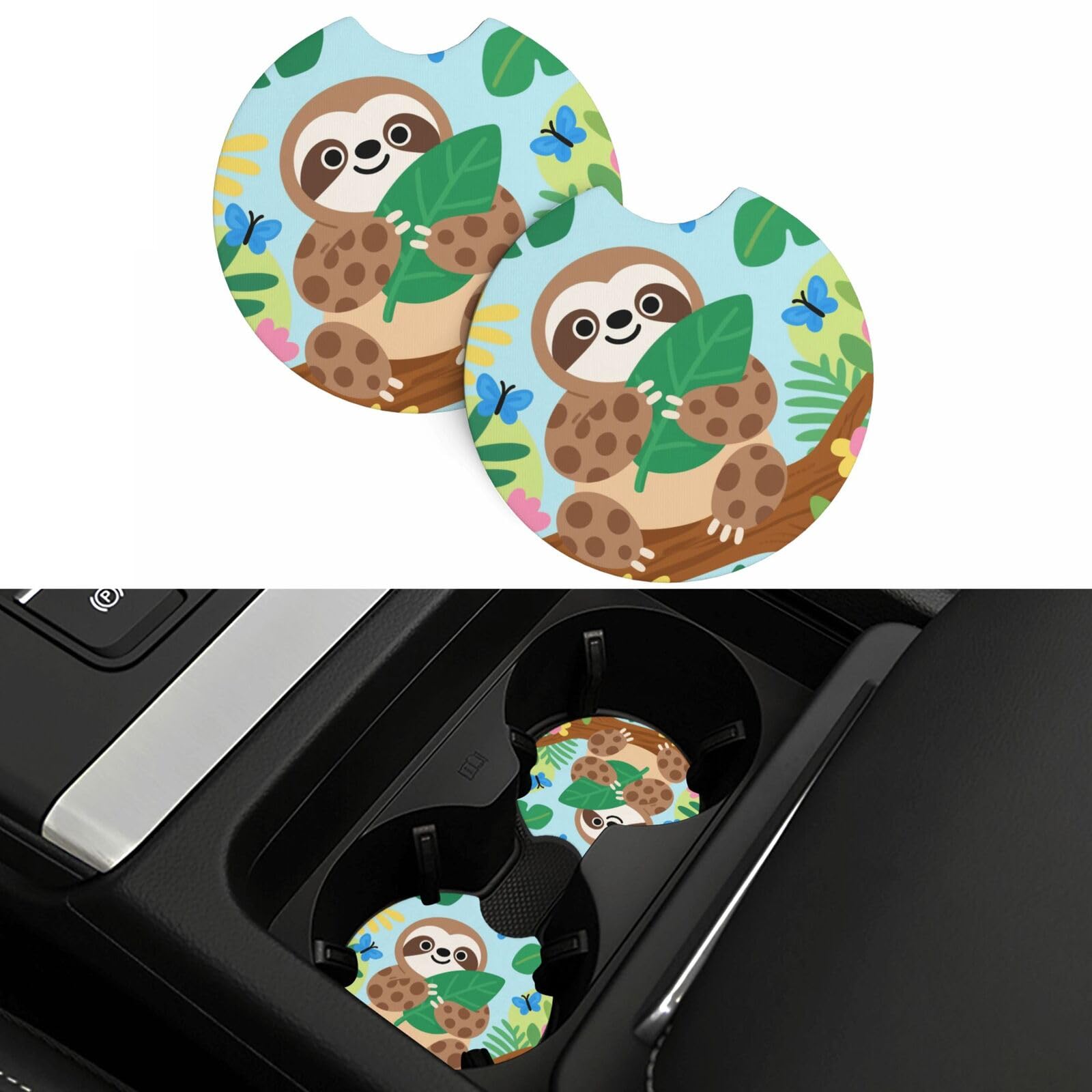 2 Pack Car Coasters,2.7" Universal Car Cup Holder Coasters Non-Slip Neoprene Cup Pad Mat Coaster Car Interior Accessories for Women Men Cute Sloth in Jungle