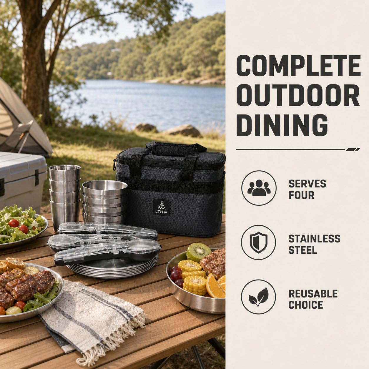Vajilla Camping Acero Inoxidable 304, Kit Cocina Portátil para 3-4, Set Cubiertos Reutilizables para Picnic, Bolsa Nevera Oxford