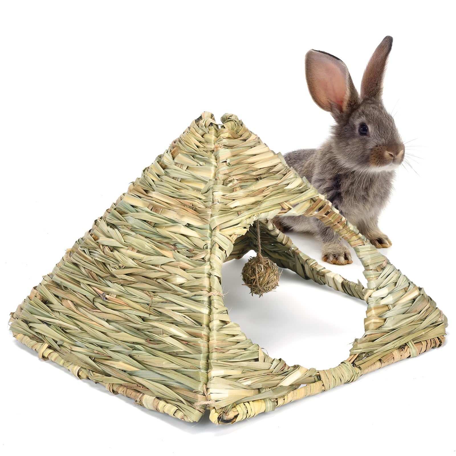2 zestawy 33 cm x 30 cm x 28 cm małe zwierzęta trawa składana tkana chatka dla zwierząt króliczek trójkątny dom zabawa kryjówka łóżko mata do żucia dla królika, świnek morskich, myszoskoczków, chomika