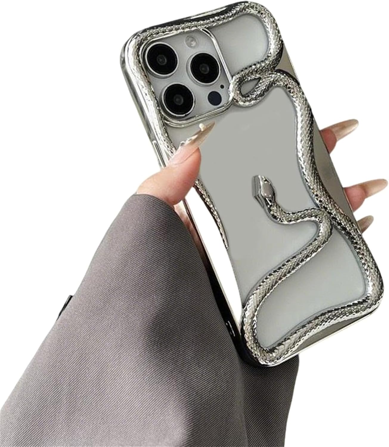 Cute & Cool Hollow-Out Solid-Color 3D Snake-Pattern Cooling for iPhone Case — Compatible for iPhone Series: Flexible TPU with Electroplating Finish (Electroplated Silver,for iPhone16)