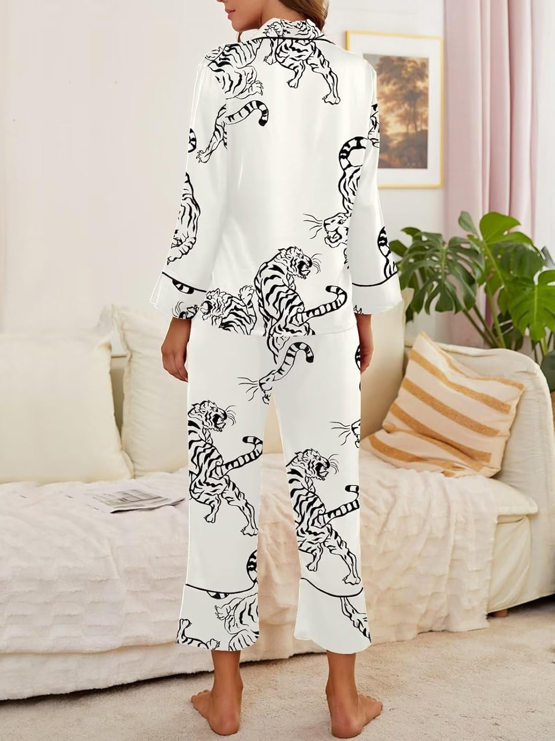 Brosloth Women's Silk Satin Pajamas Pjs Sets Cute Lace Pattern Two Piece Loungewear Set Button Up Pajamas Sleepwear Black - Image 3