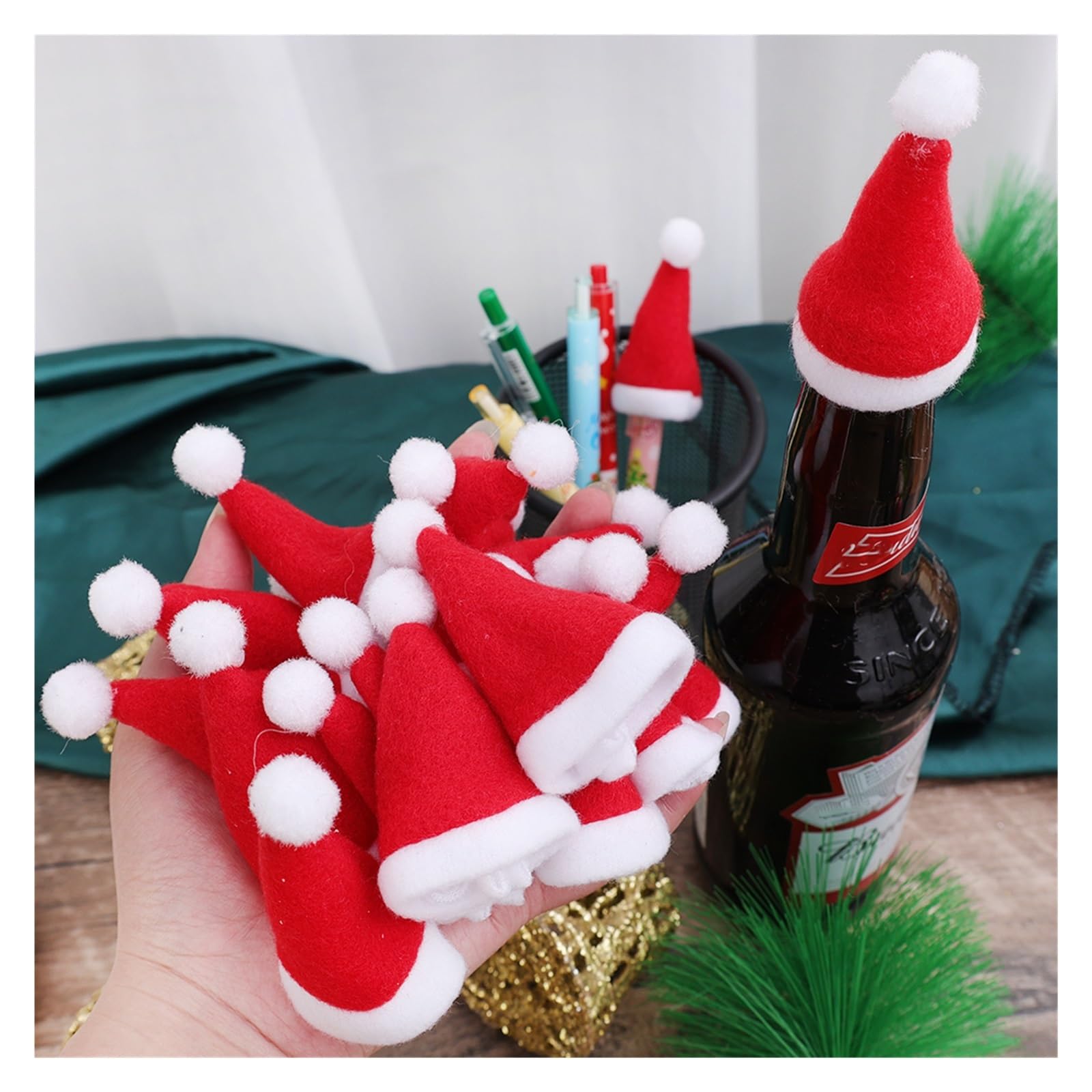Borsa portaposate di Natale, cappello di Babbo Natale, tappo per bottiglia di vino, coltello e tasca per forchetta, decorazione da tavola per festa di Natale e Capodanno (rosso, 100 pezzi)