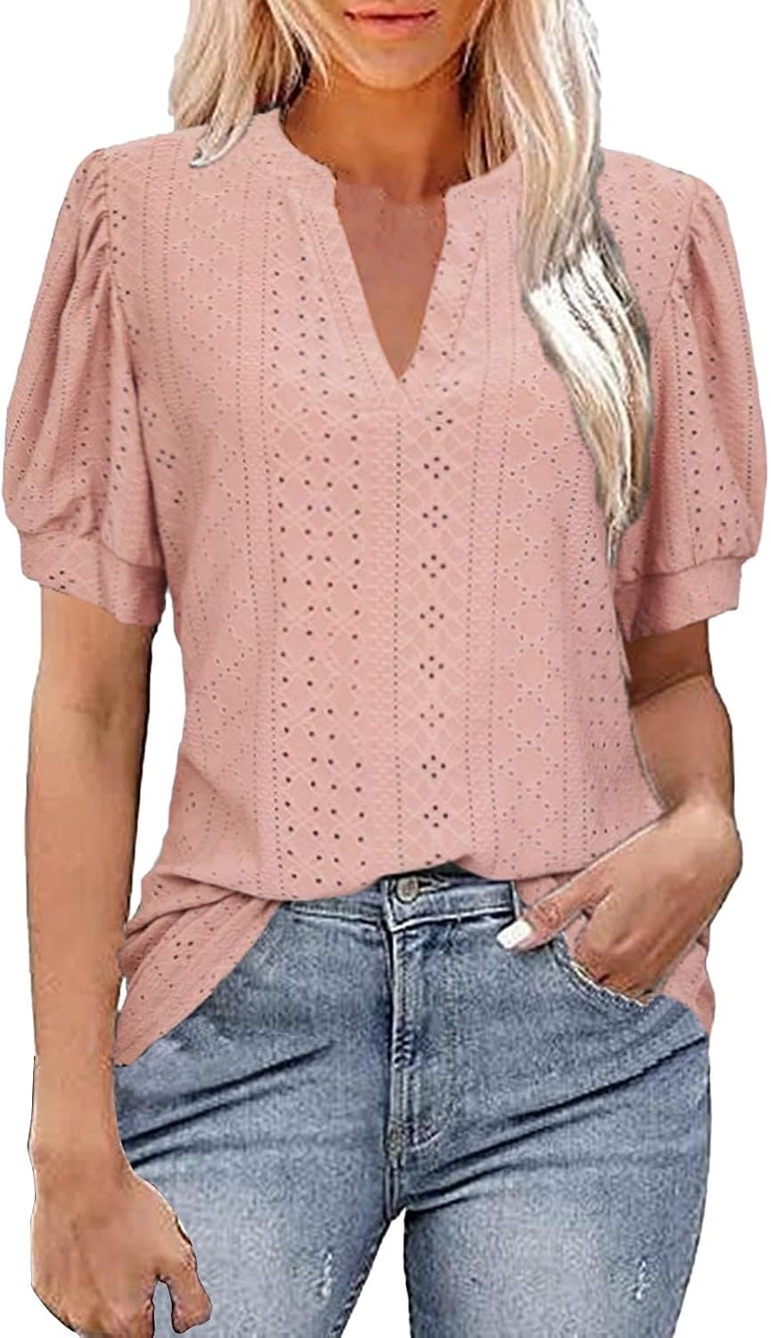 Blouses for Women Dressy Casual Petal Short Sleeve Business Work Tops Ladies Lace V Neck Summer Trendy Shirts