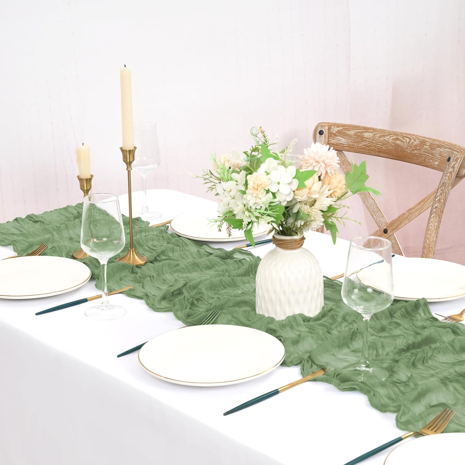 12 Pack Sage Green Cheesecloth Table Runner 10FT Boho Gauze Cheese Cloth Table Runner Rustic Sheer Fabric Table Runners for Wedding Bridal Shower Baby Shower Party(21.5×120 Inch)