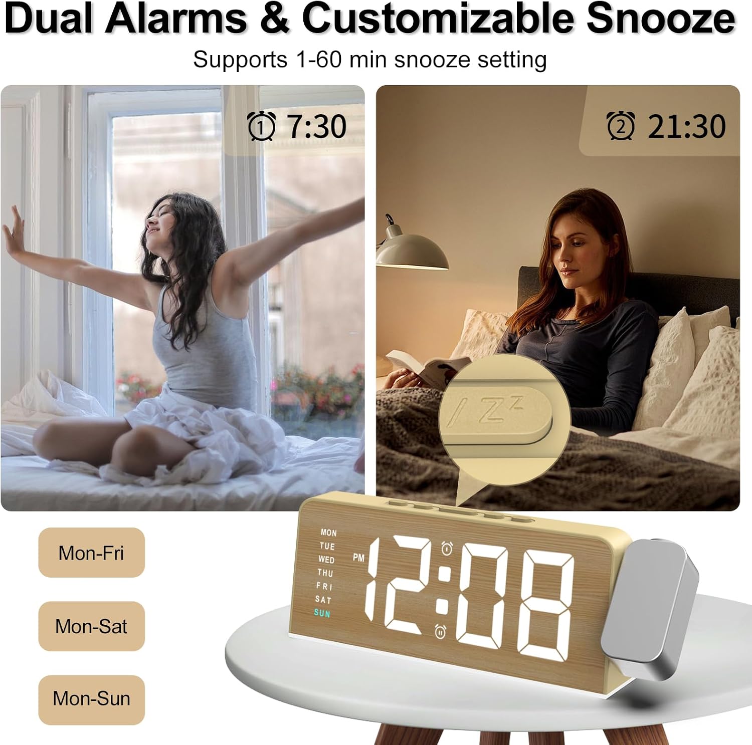 Projection Alarm Clock for Bedroom, Digital Night Light Clock with 180° Projector on Ceiling, 3 Level Brightness, USB Charger, Temperature, Dual Alarms for Kids, Heavy Sleepers, Snooze, 12/24H (Wood)