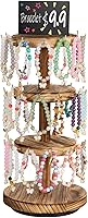 Pinzoveco 3-Tier Rotating Wooden Bracelet Display Stand - 36 Hooks Tree Holder with Advertising Board for Vendor Booths, Brown