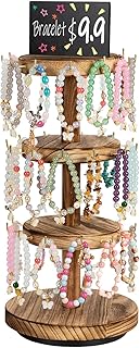 Pinzoveco Bracelet Holder, 3 Tier Wooden Rotating Bracelet Display Stand, Tree Stand Vendor Booth Display with Adversitsing Board, 36 Hooks for Bracelet, KeyChain Display Stands for Selling, Brown (Patent Pending)