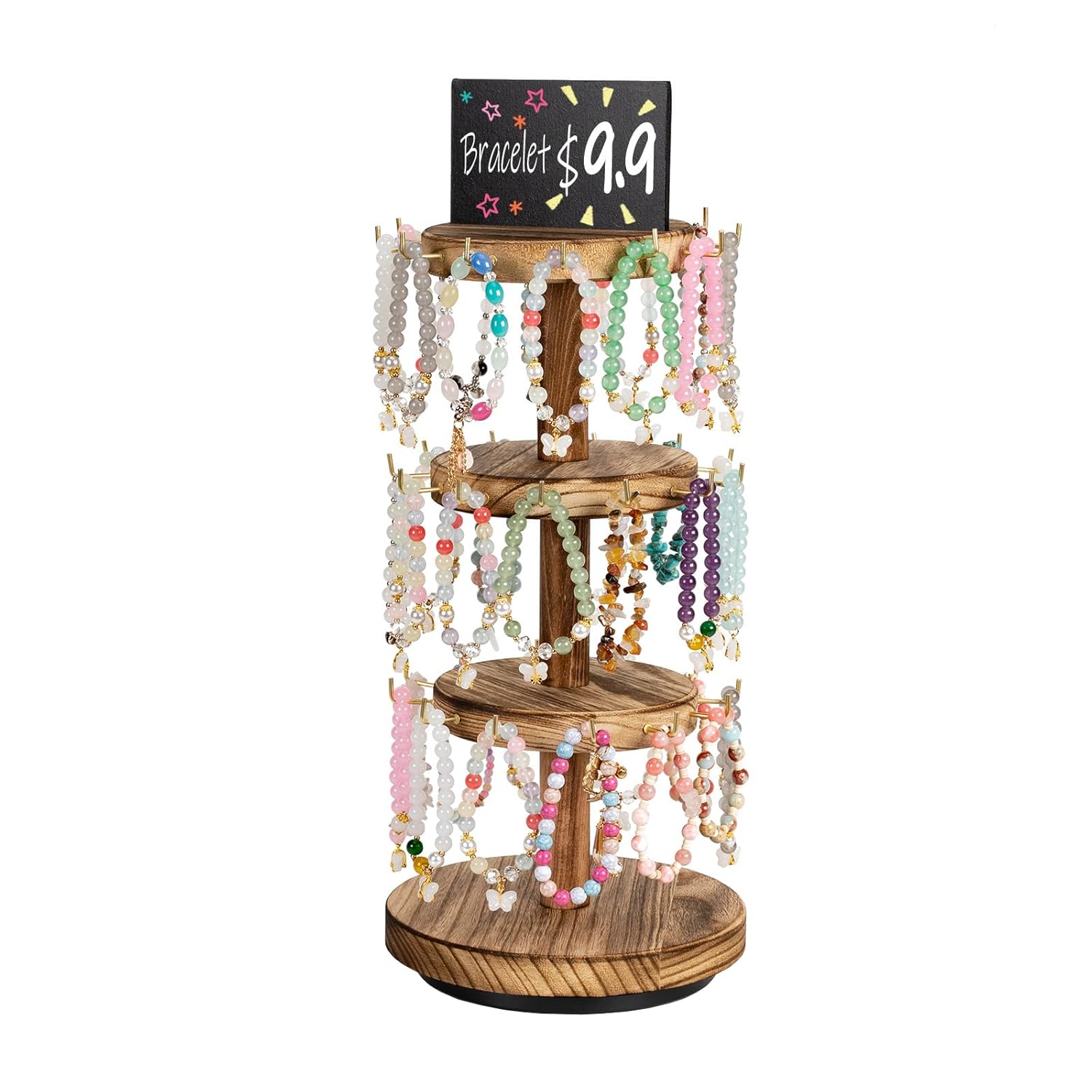 Pinzoveco Bracelet Holder 3 Tier Wooden Rotating Bracelet Display Stand Tree Stand Vendor Booth Display with Adversitsing Board