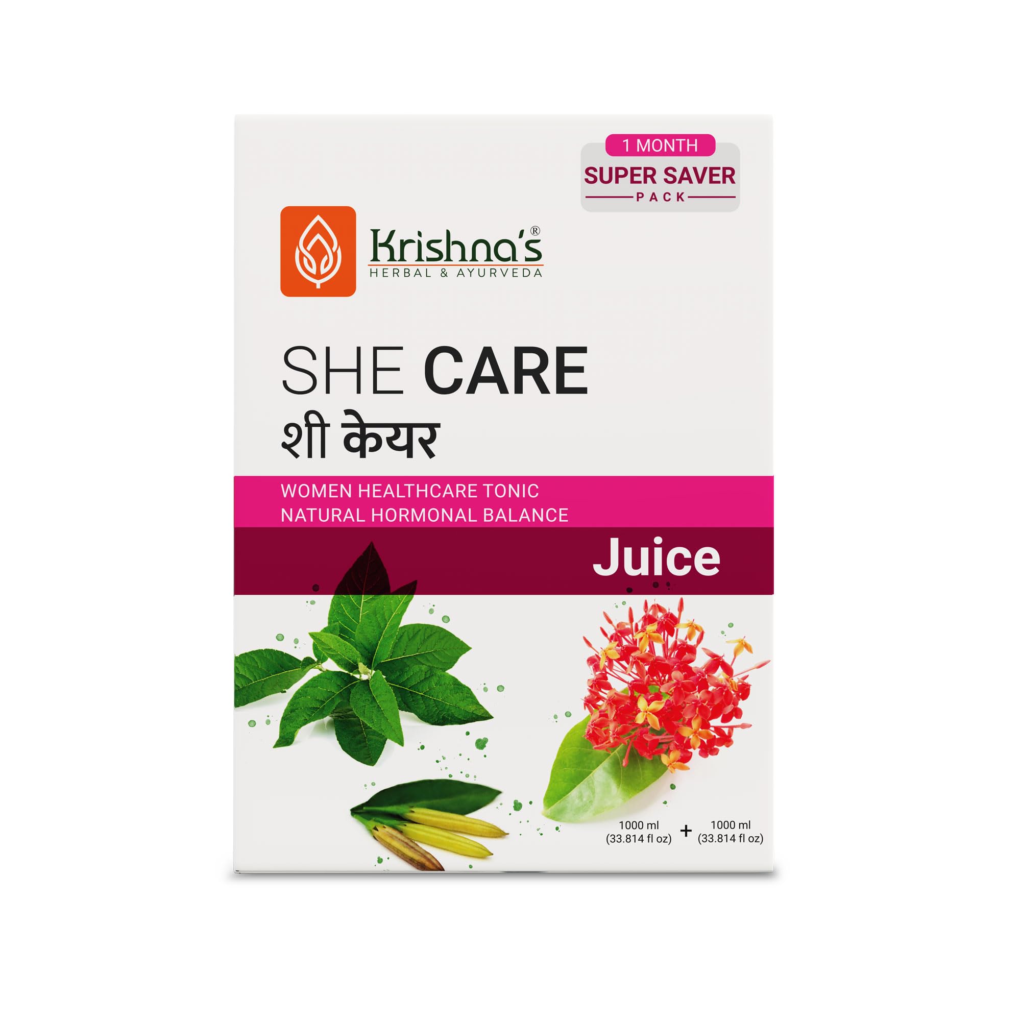 KRISHNA'S HERBAL & AYURVEDA She Care Juice - 2000 Ml-Super Saver Pack, Herbal Supplement for Hormonal Balance, PCOS, PCOD, Period Pain Relief, Hair and Skin Health | Women Wellness Juice