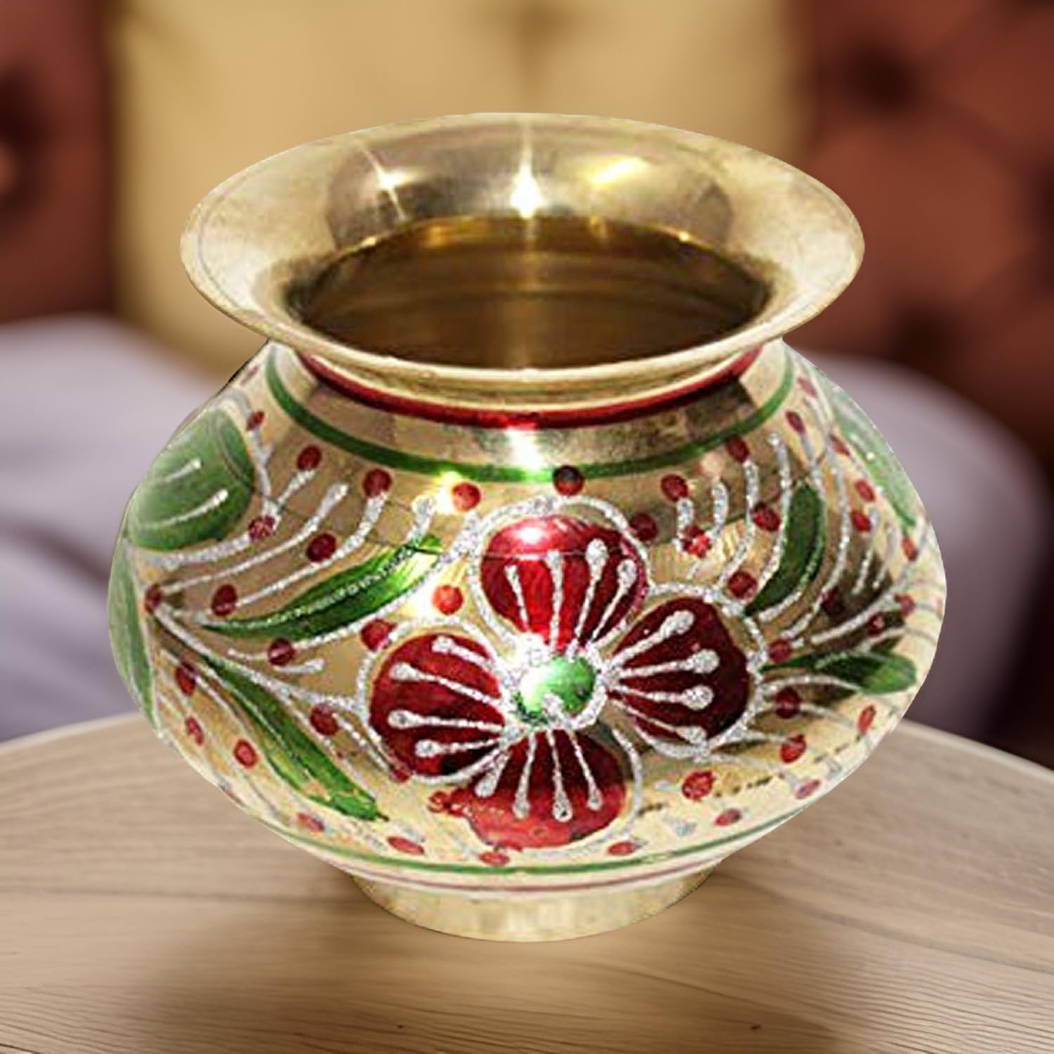 RK_Enterprises Brass Handpainted Meenakari Karwa Chauth Lota/Kalash for Pooja (Multi_ 4 Inch X 4 Inch)