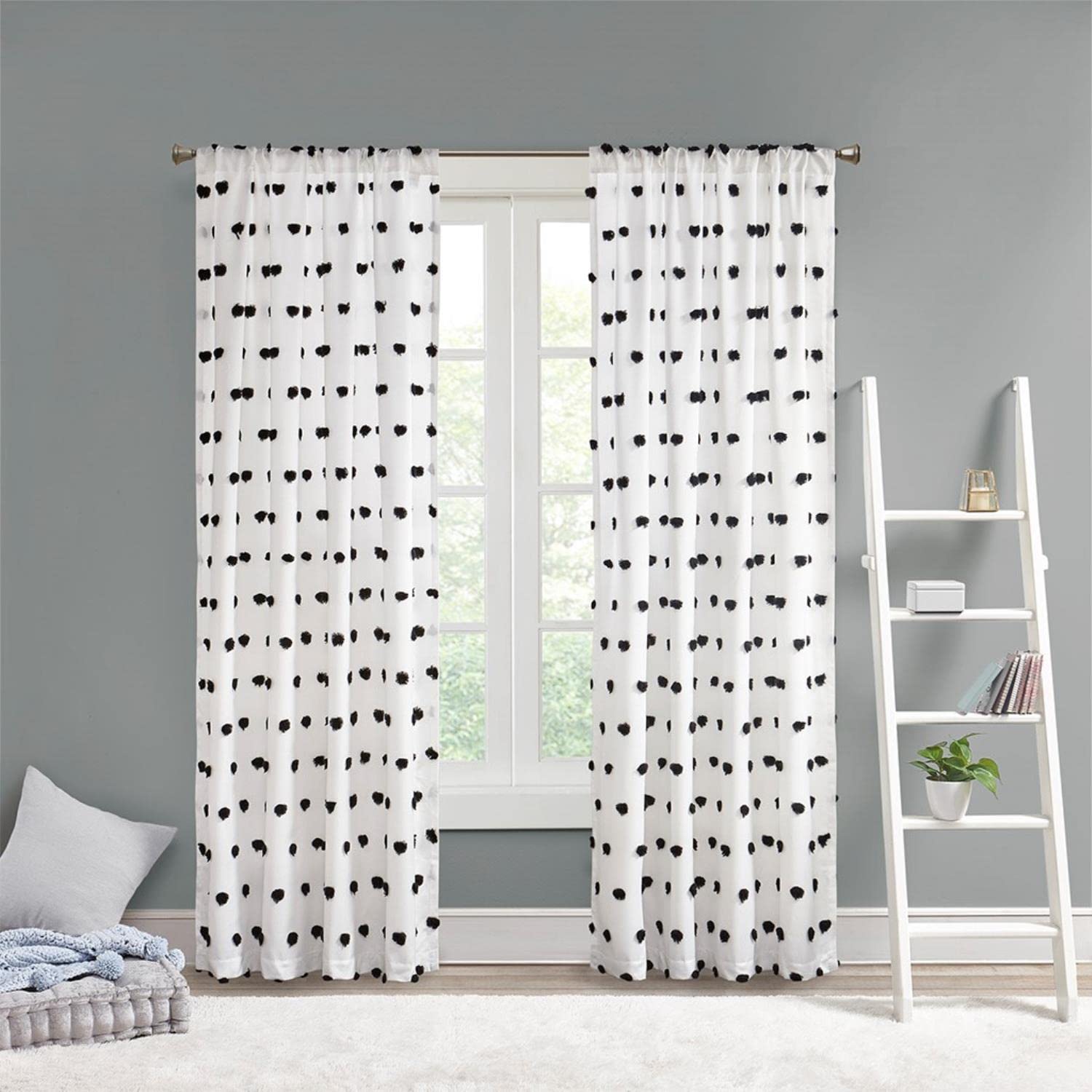 Intelligent Design Sophie Sheer Window Curtain Panel Clipped Pompom Embelished Privacy Drape with Rod Pocket for Bedroom Livingroom - Image 2