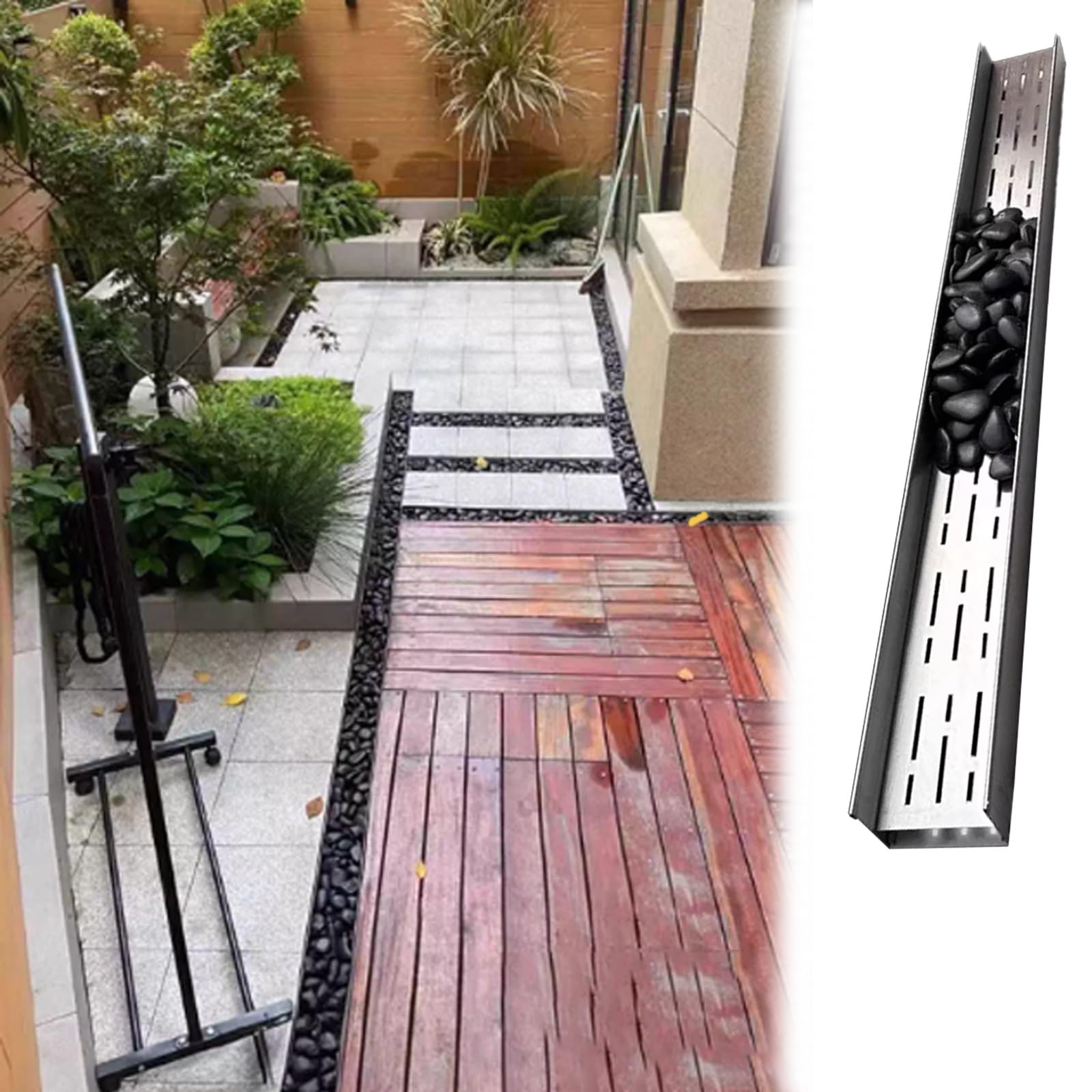 Juego de canaletas de Drenaje estrechas, canaletas Ocultas para Patio y jardín con guijarros, Drenaje de Zanja de Acero Inoxidable para césped y jardín, fácil de Instalar.