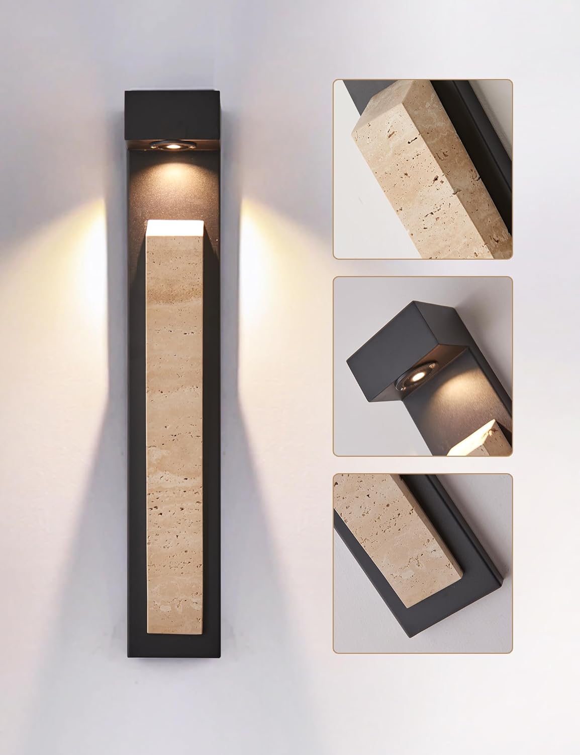 23in Outdoor Wall Lights Natural Exterior Waterproof Alabaster Wall Sconce LED Modern Matter Black Wall Lamps for Pstio Front Door Entrydoor (Indoor and Outdoor)